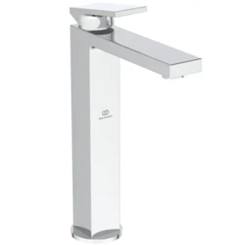 Chromene Wascharmatur von Ideal Standard mit quadratischem Design und seitlichem Hebel, geeignet für Waschbeckenmontage.